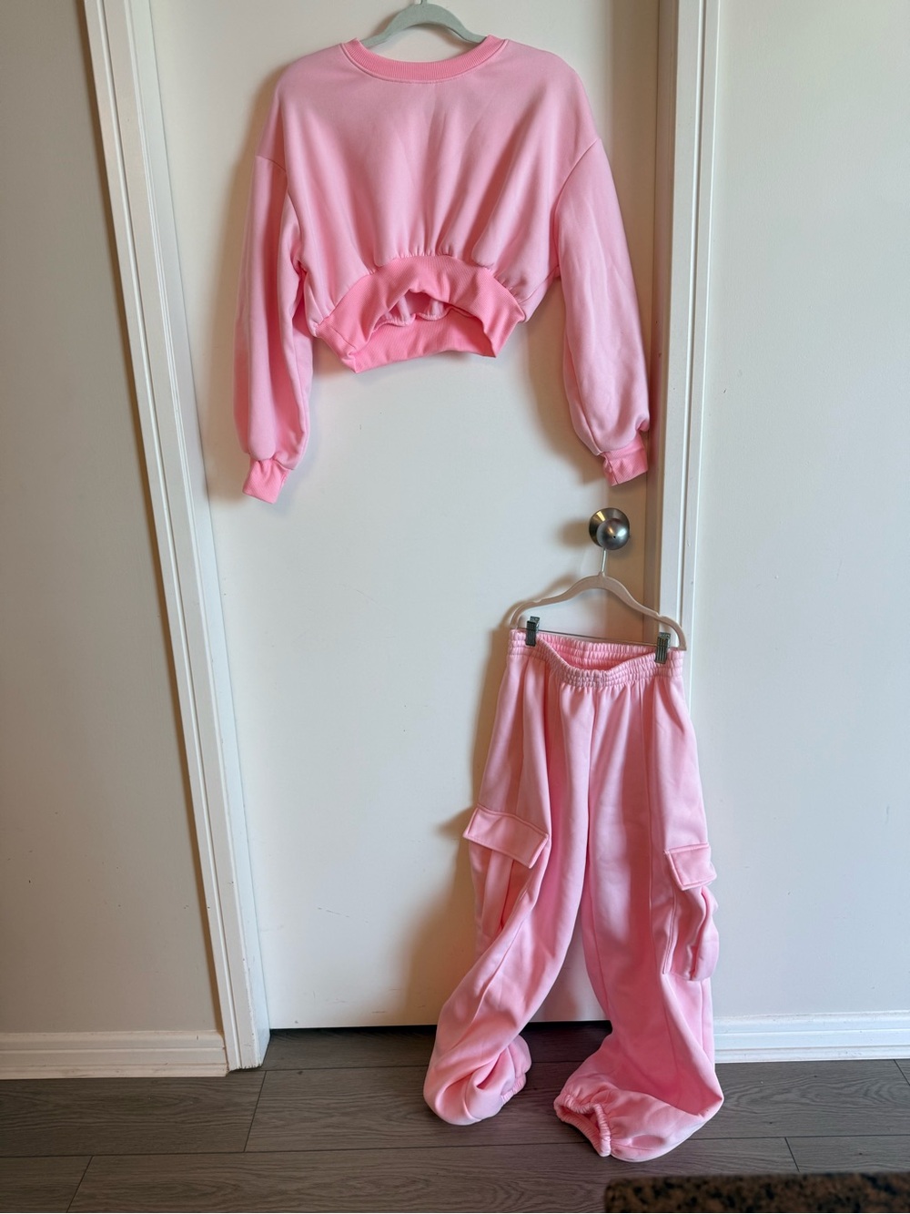 Cropped Pink Pullover Sweatshirt with matching cargo jogger pants